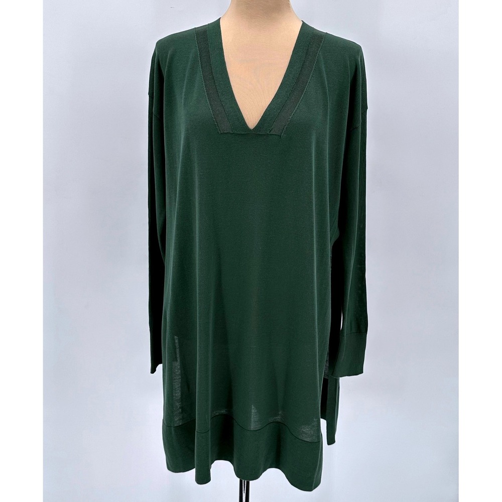 Lafayette 148 New York Forest Green V-Neck Tunic Sweater High Slit Cotton S - Picture 1 of 9